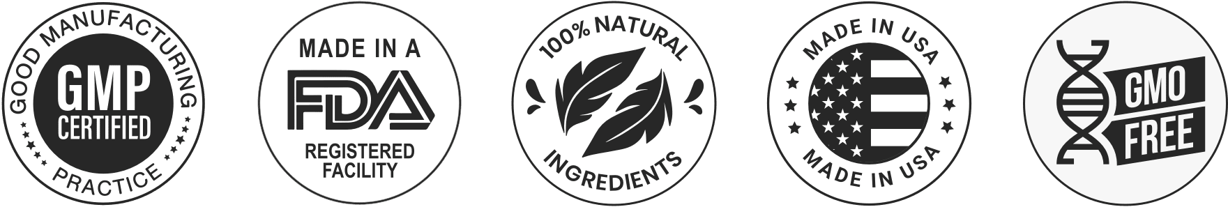GMP Certified · FDA registered facility · 100% Natural · Made in USA · GMO Free